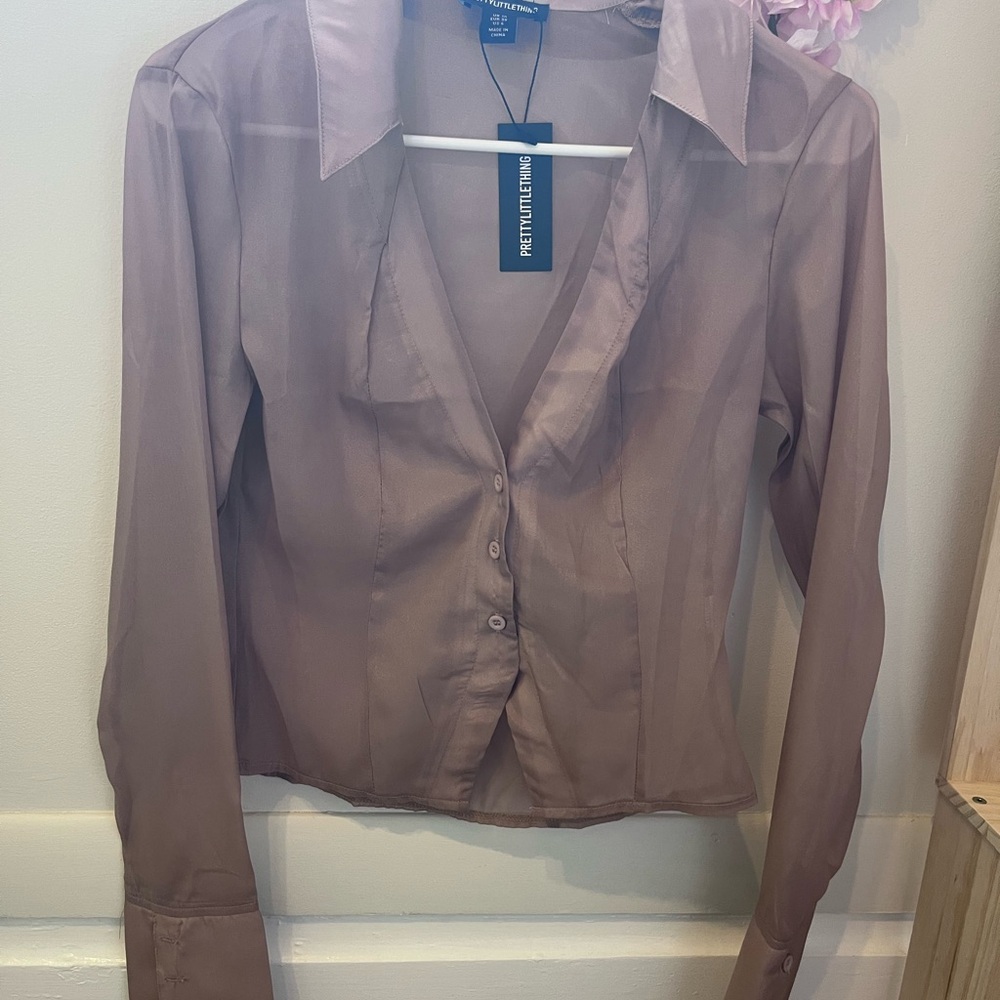 PrettyLittleThing Dusty Mauve Sheer Button-Down Shirt